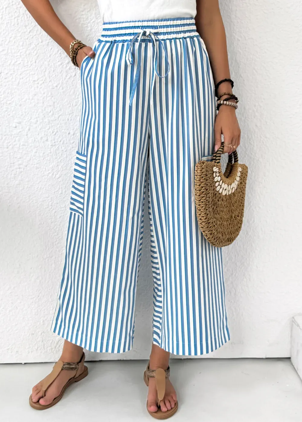 Light Blue Pocket Striped Wide Leg Elastic Waist Pants
