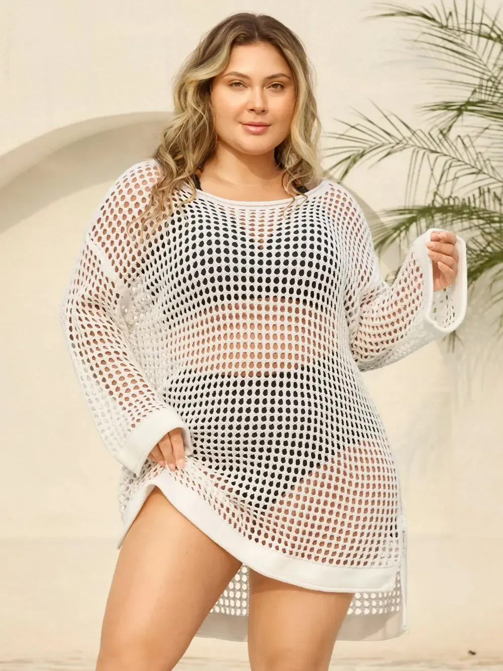 Crochet Drop Shoulder Slit Swim Cover-Up