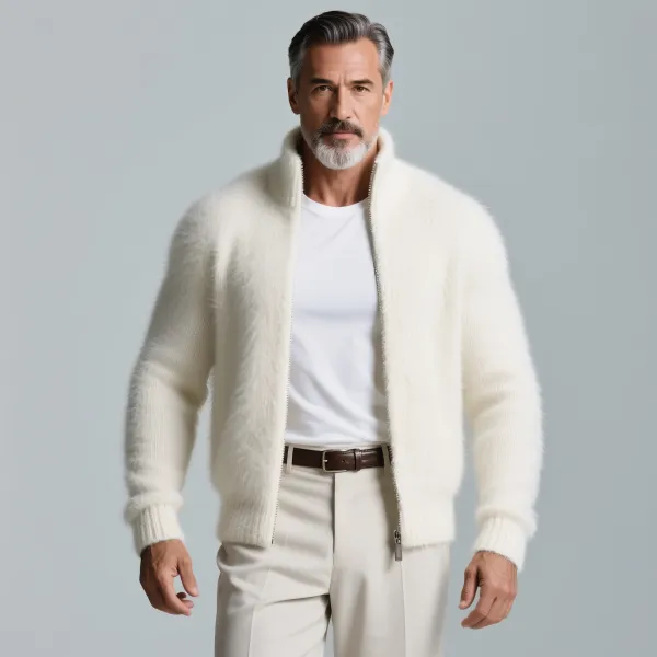 Men's High Neck Long Sleeve Zip-Up Plush Knitted Sweater Jacket