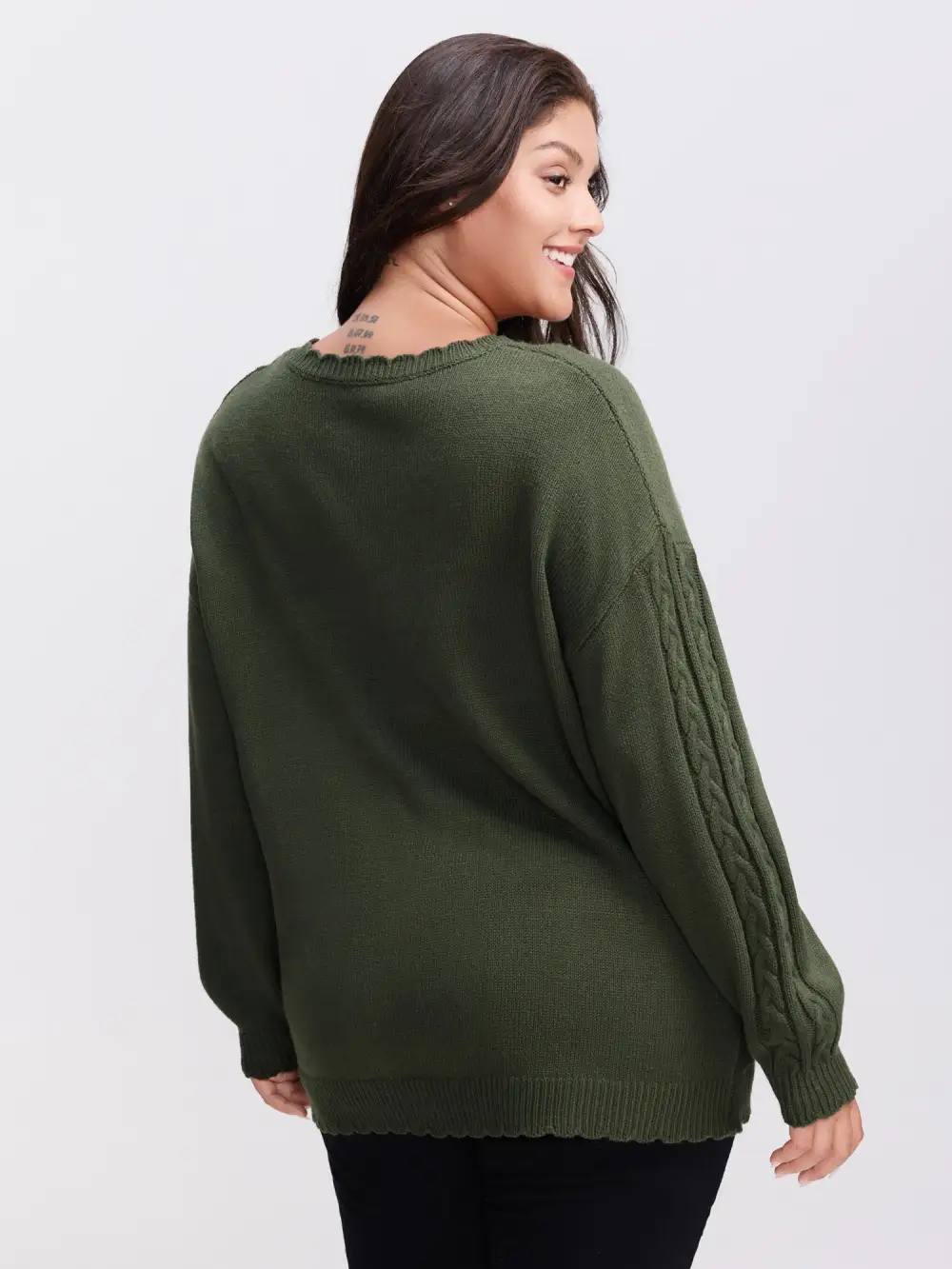 CableKnit Balloon Sleeve V-Neck Pullover