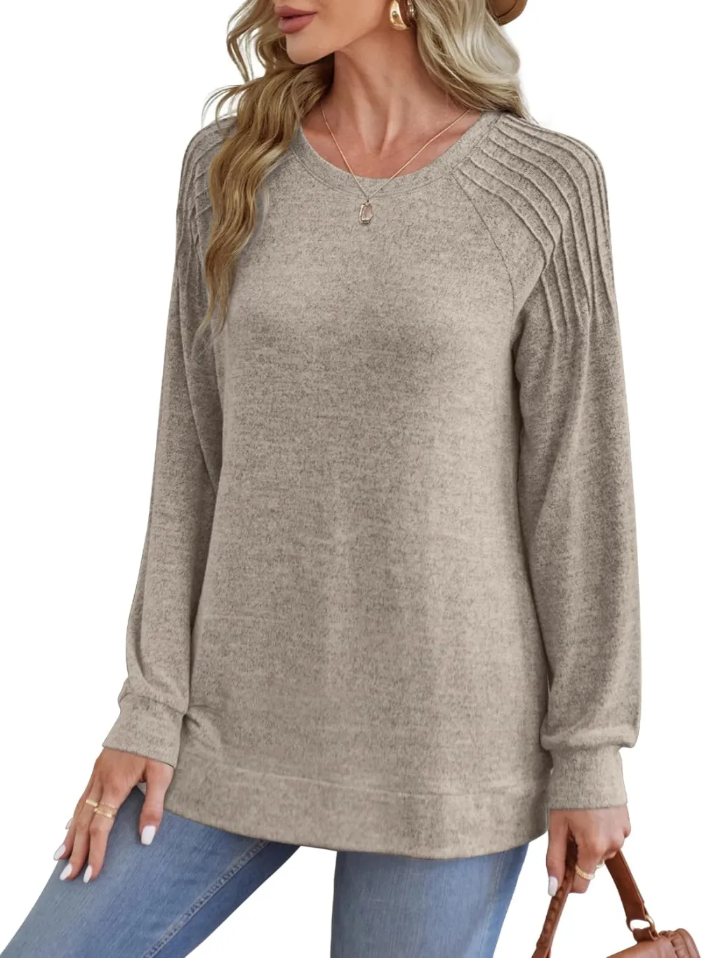 Sweatshirt for Women Crewneck Pleated Long Sleeve Shirts Tunic Tops Fashion 2024