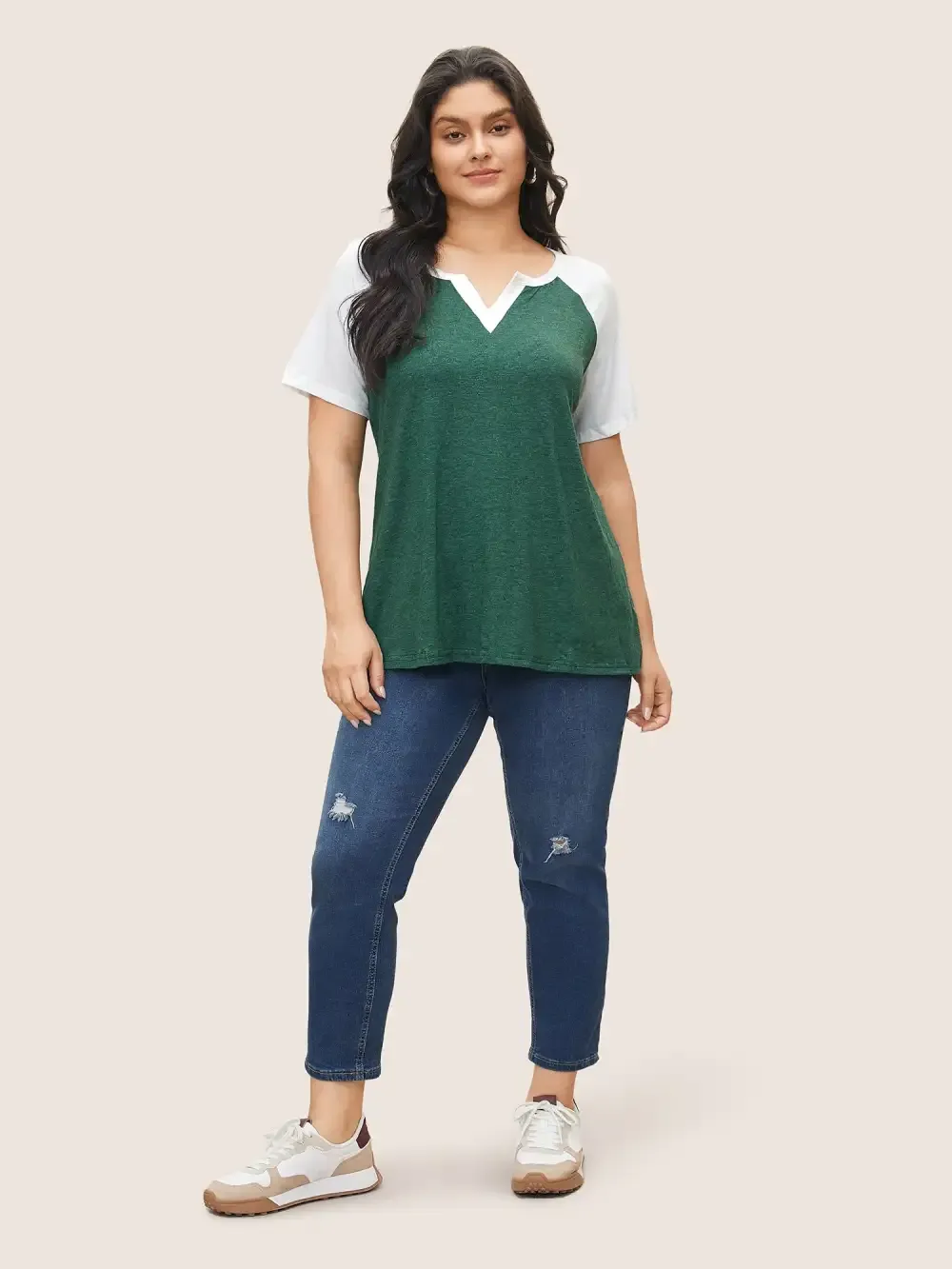 Colorblock Contrast Notched Raglan Sleeve T-Shirt