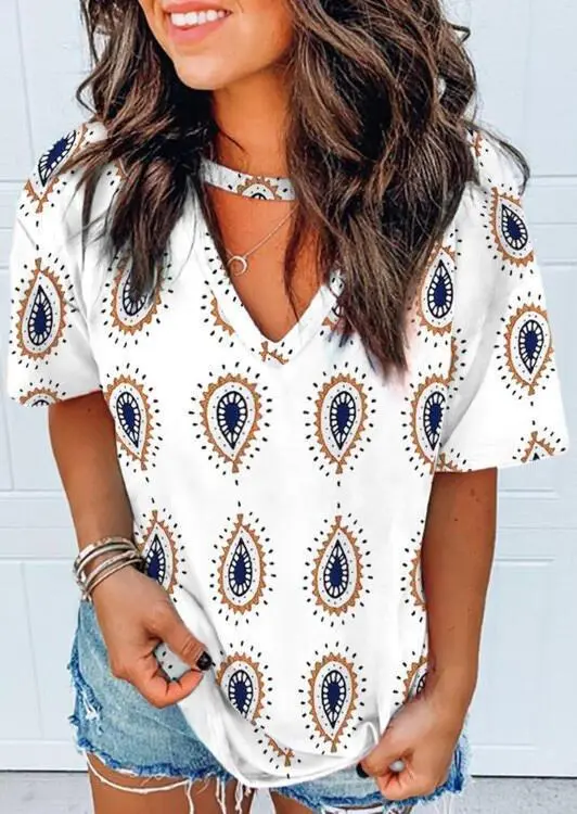 Paisley Cut Out V-Neck Tops