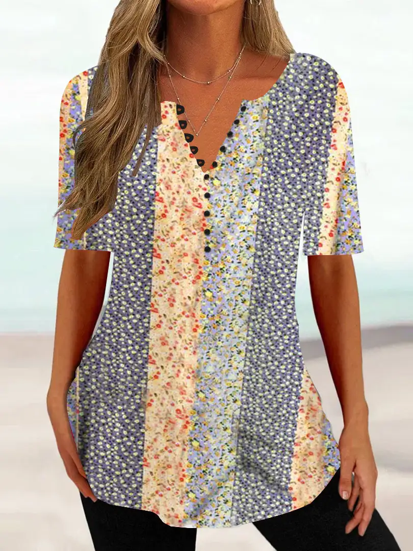 Women Half Sleeve V-neck Floral Printed Button Tops
