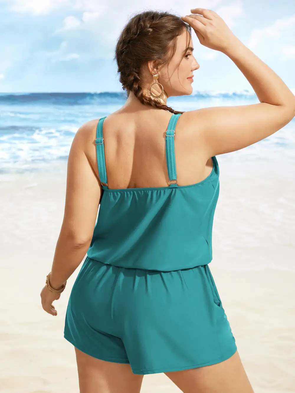 Solid Keyhole Elastic Waist Gathered One Piece Swimsuit