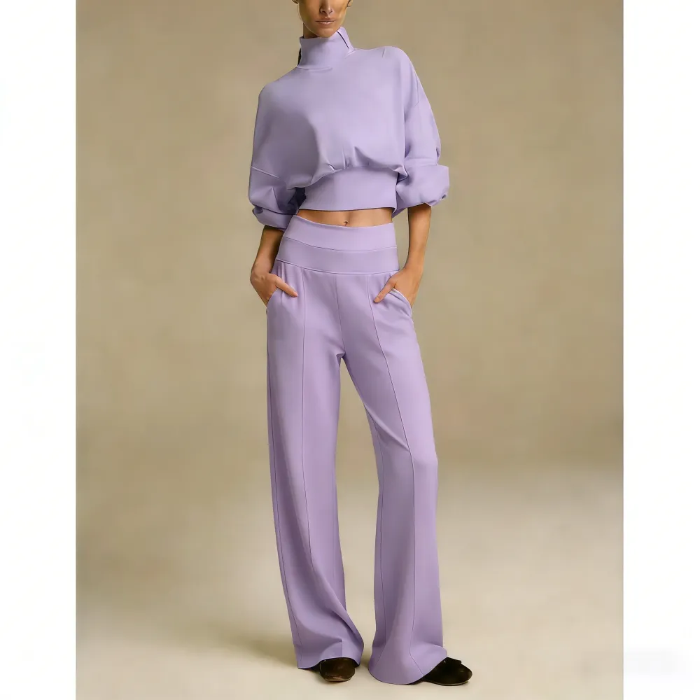 Turtleneck Puff-Sleeve Crop Top & Wide-Leg Pants Set