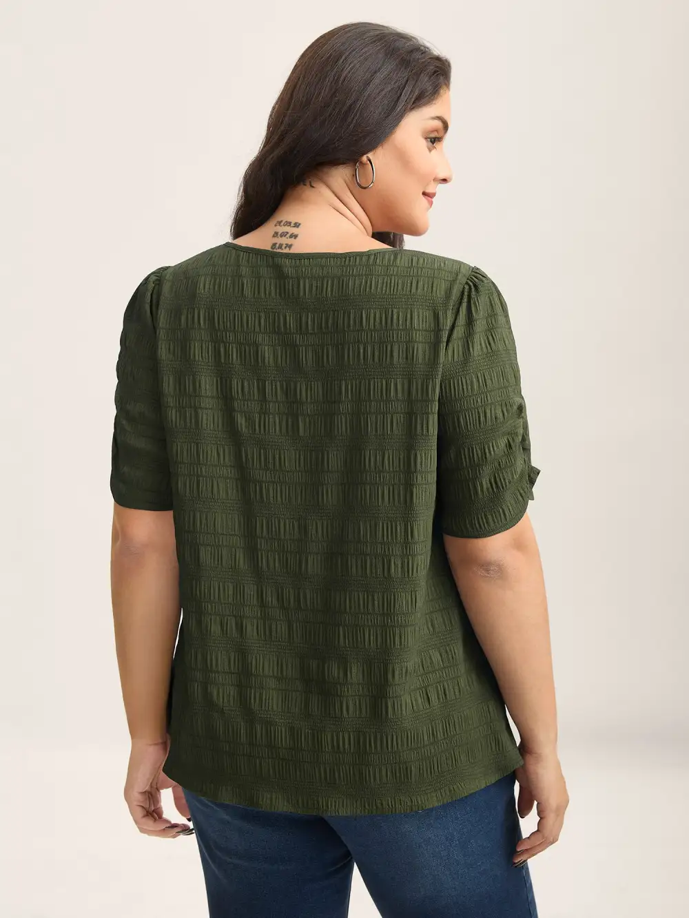 Textured Gathered Sleeve Split Neck Blouse