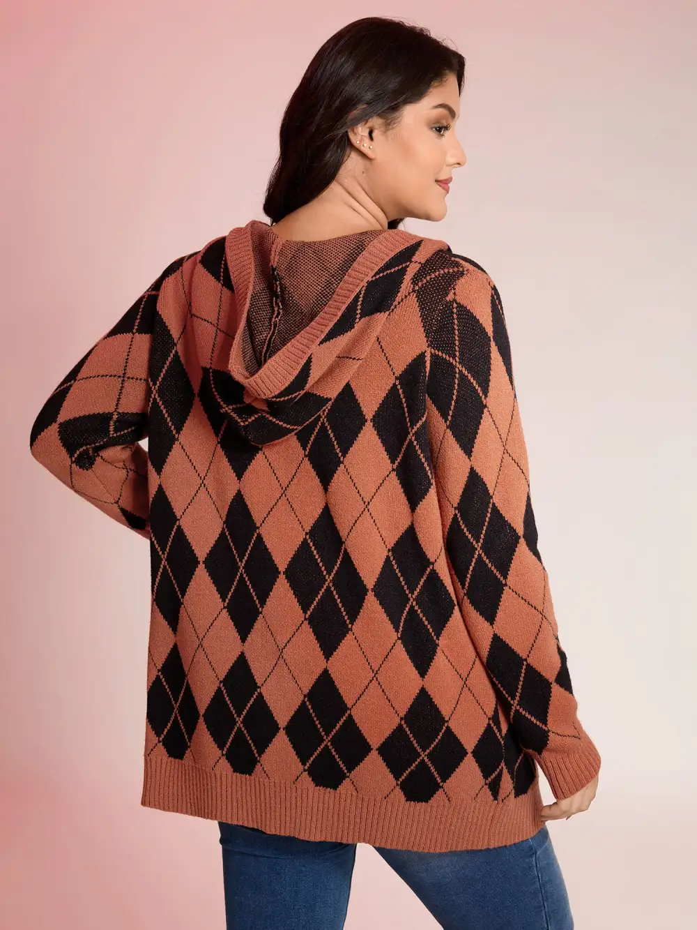 Checkered Jacquard Hooded Pockets Knit Cardigan