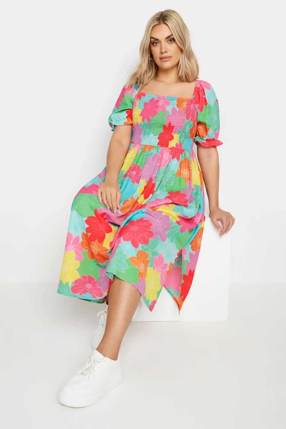 YOURS Curve Black Floral Print Shirred Midi Dress