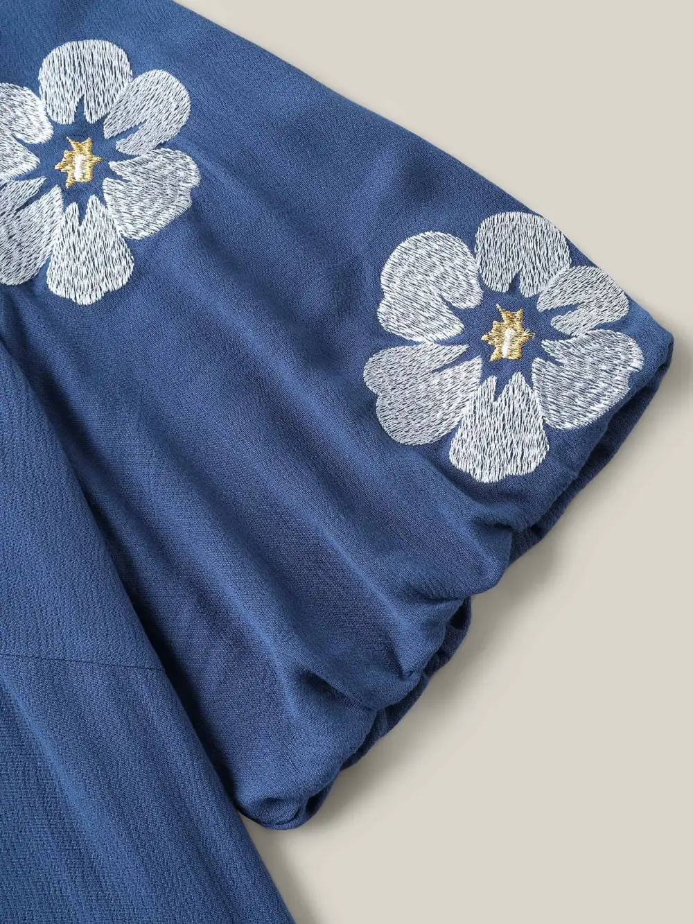 Floral Embroidery Textured Neck Tie Blouse