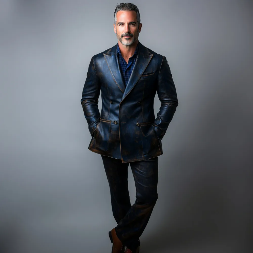 Men's Retro Peaked Lapel Double Breasted Distressed PU Leather Jacket