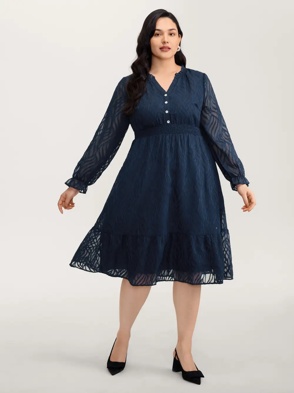 Sheer Jacquard Stretchy Waist Midi Dress