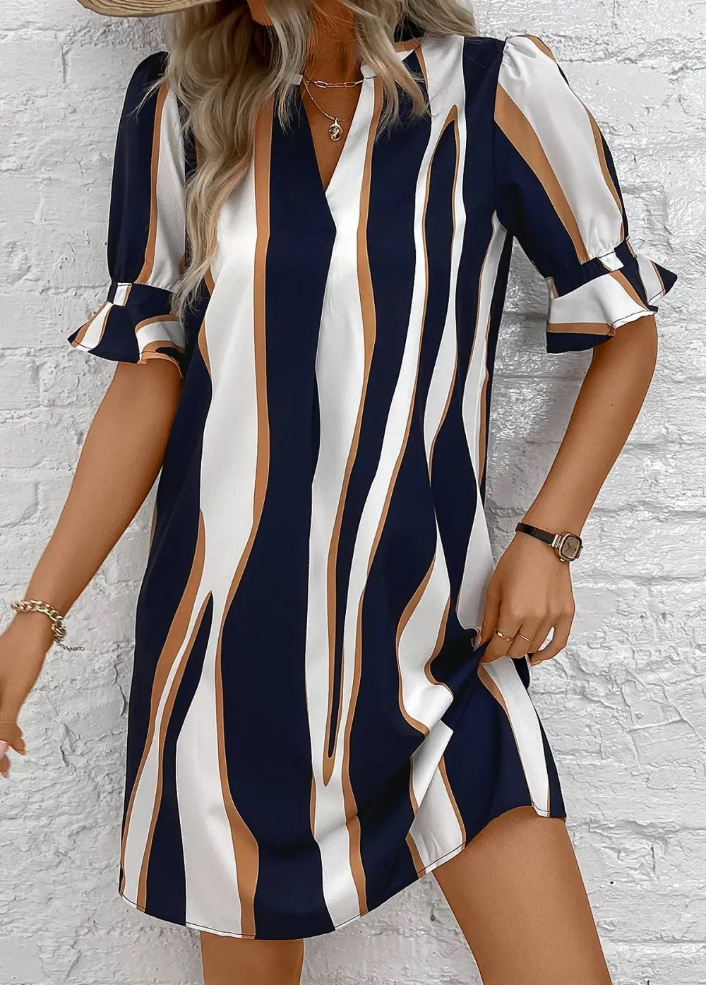Navy Patchwork Striped Half Sleeve Split Neck Dress