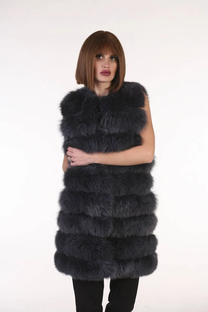 Dark Grey Fox Fur vest hoodedWomen’s