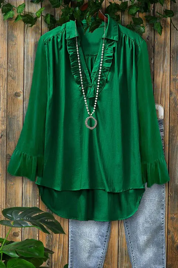 Solid Ruffled V-Neck Long Sleeve Shirt