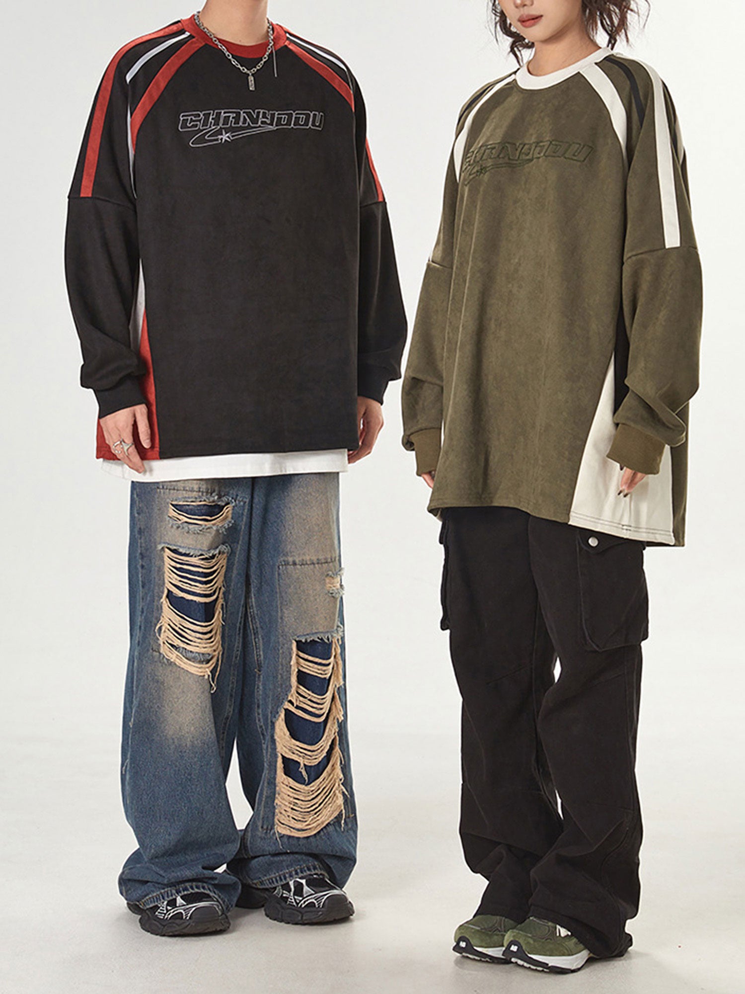 Patchwork Color-Blocked Raglan Embroidered Sweatshirt