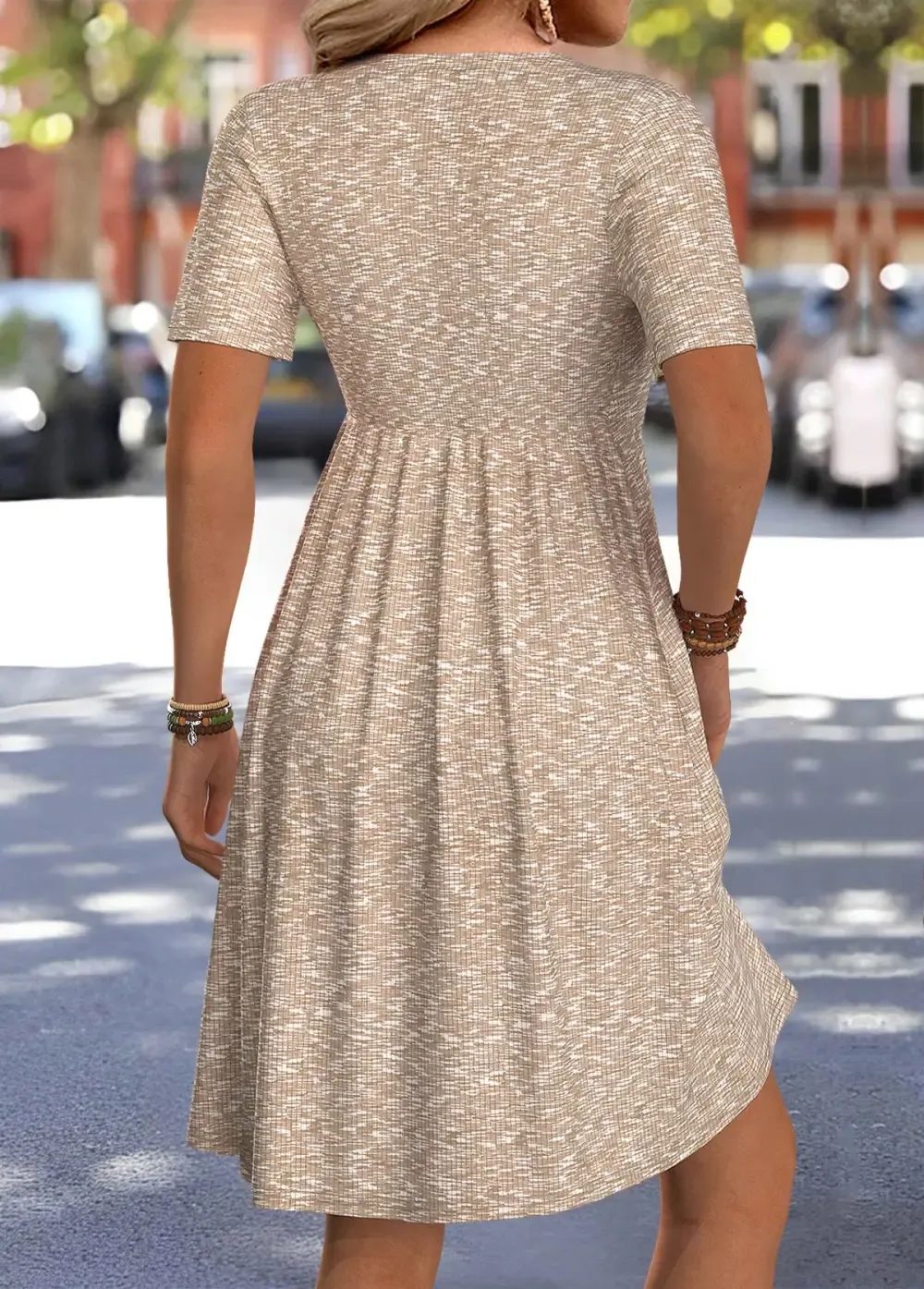 Light Coffee Short V Neck Dress