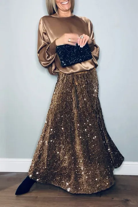 Women's fashion satin top and sequined skirt two-piece set