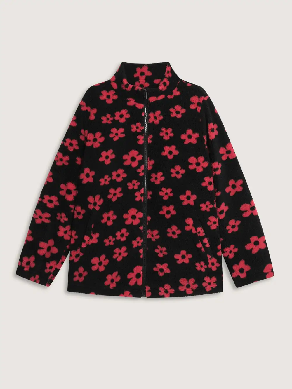 Jacquard Plush Floral Zipper Jacket