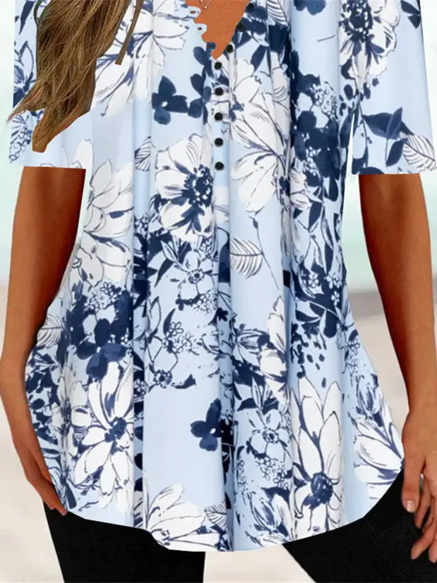 Women Half Sleeve V-neck Floral Printed Tops