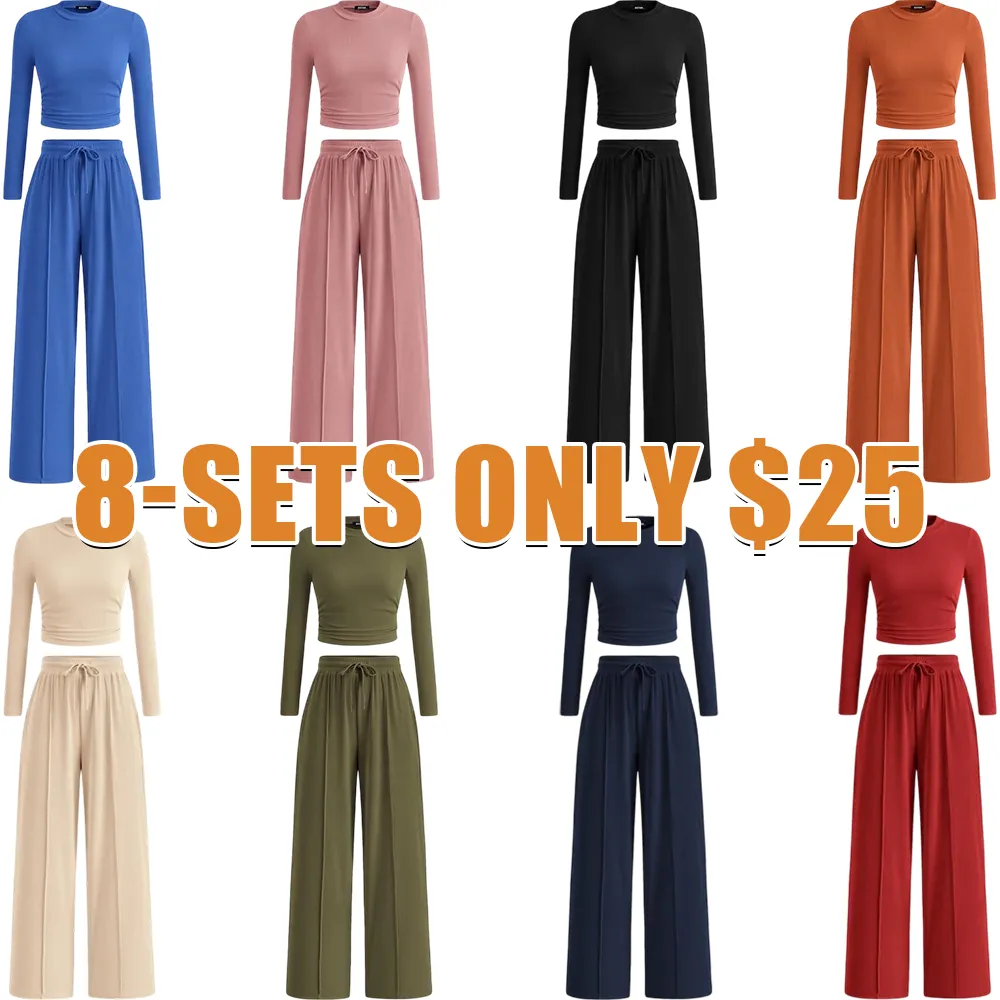 2-Piece Ribbed Knit Long Sleeve Crop Top Wide Leg Pants Matching Lounge Set Loungewear
