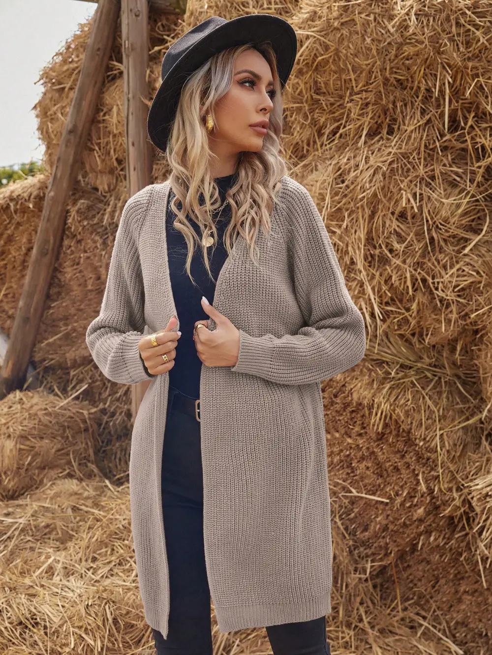 Solid Raglan Sleeve Open Front Cardigan