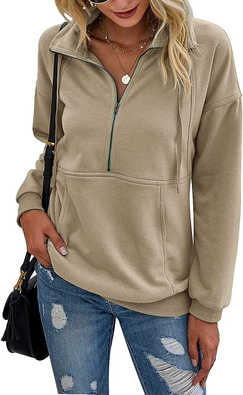 Women's Casual Long Sleeve Lapel Zipper Sweatshirt Drawstring Loose Pullover Tops