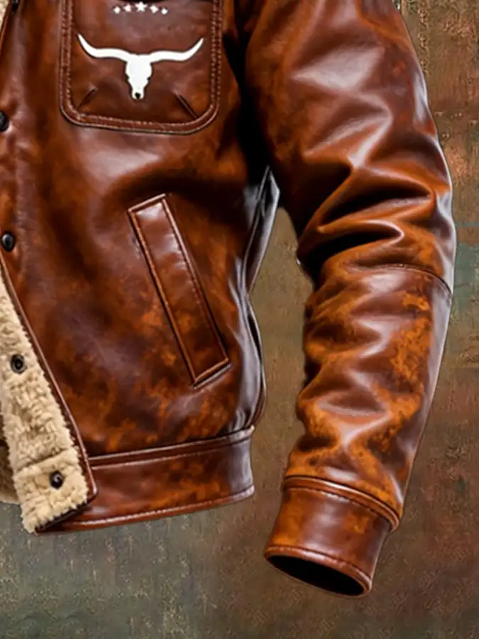 Men's Vintage Leather Patchwork Plush Warm Jacket