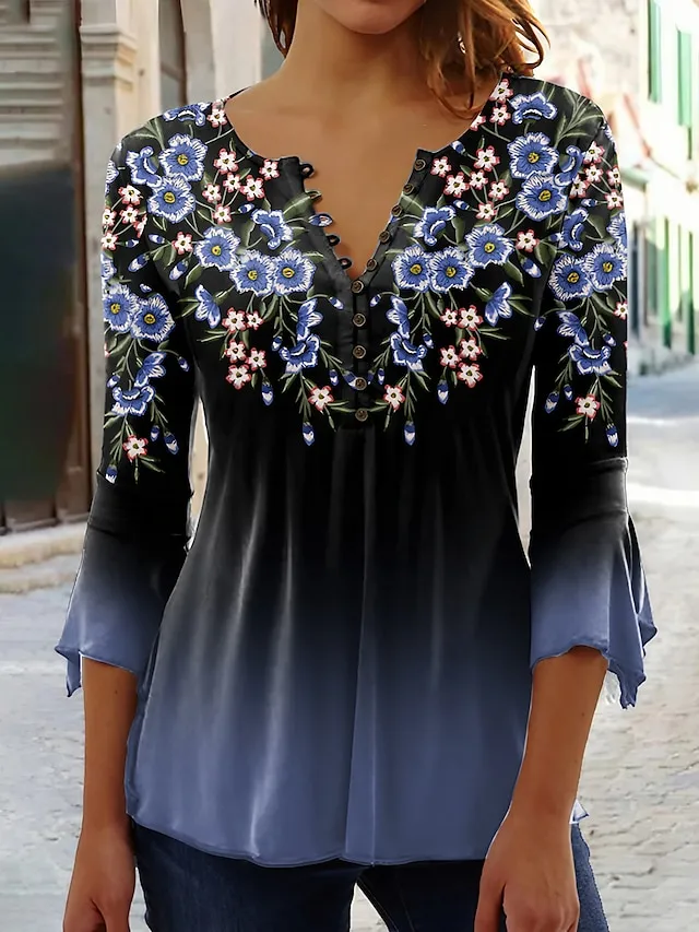 Women's Shirt Blouse Floral Yellow Pink Blue Button Print 3/4 Length Sleeve Holiday Basic Round Neck Regular Fit
