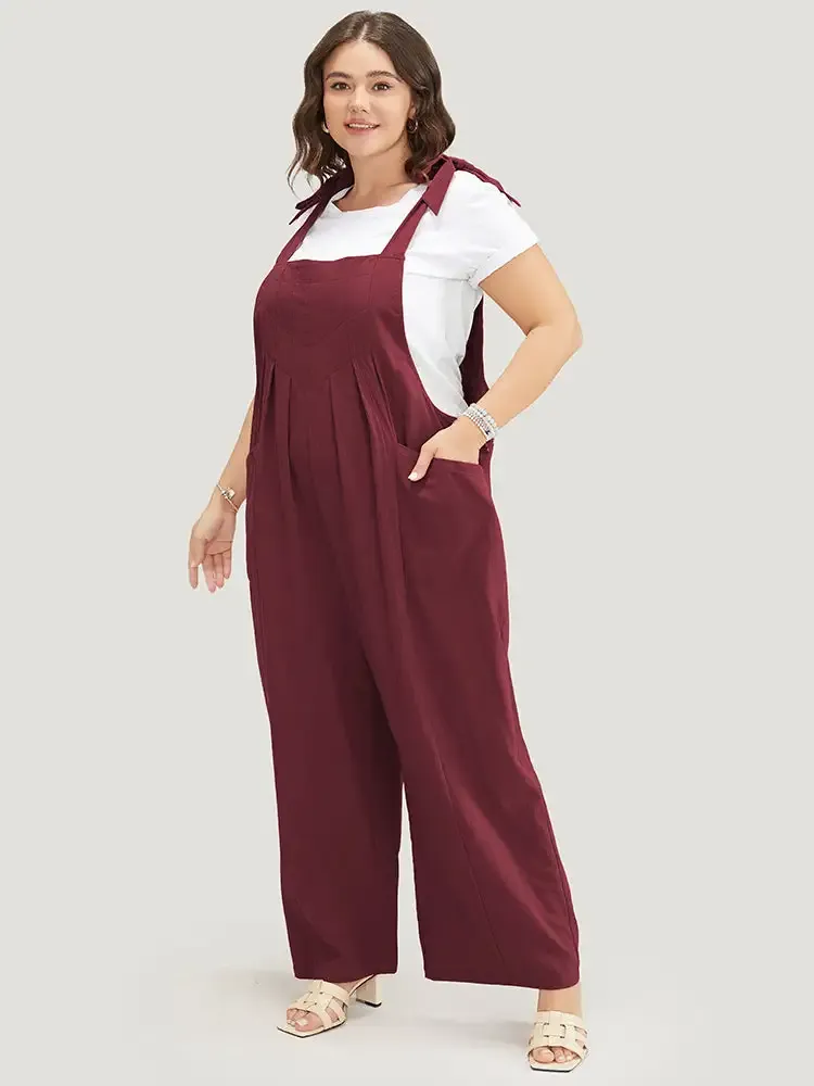 Solid Pleated Detail Pocket Knotted Shoulder Overall Jumpsuit