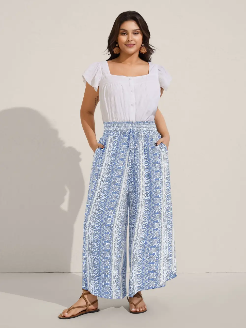 Boho Print Shirred Waist Wide-Leg Pants