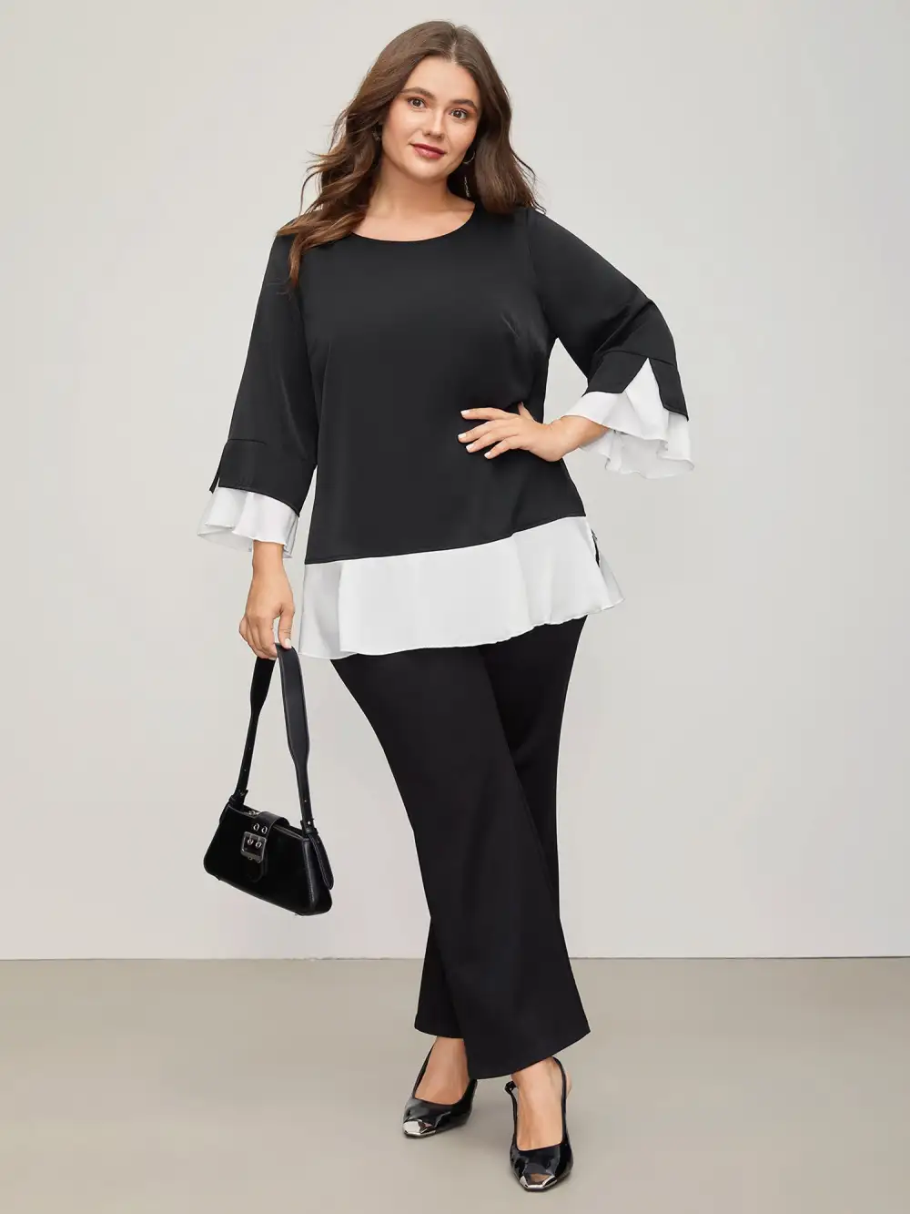 Contrast Patchwork Bell Sleeve Blouse