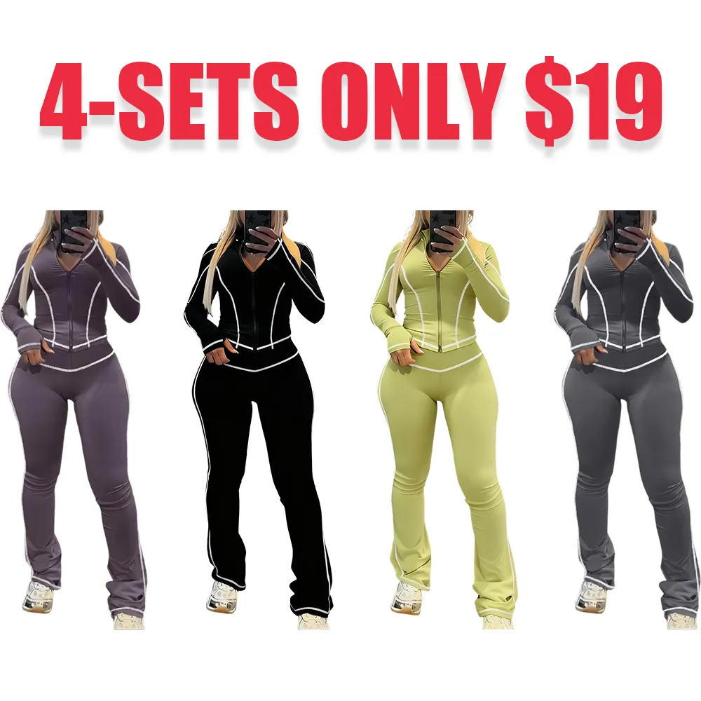 Women's Fall/Winter 2-Piece Set: Striped Zip-Up Jacket + High-Waist Pants (Long-Sleeve)