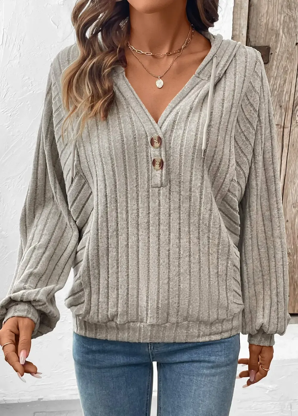 Gray Brown Tummy Coverage Long Sleeve V Neck Hoodie