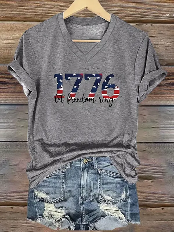 Women's America 1776 Land Of The Free Print Short Sleeve Round Neck Cotton T-Shirt