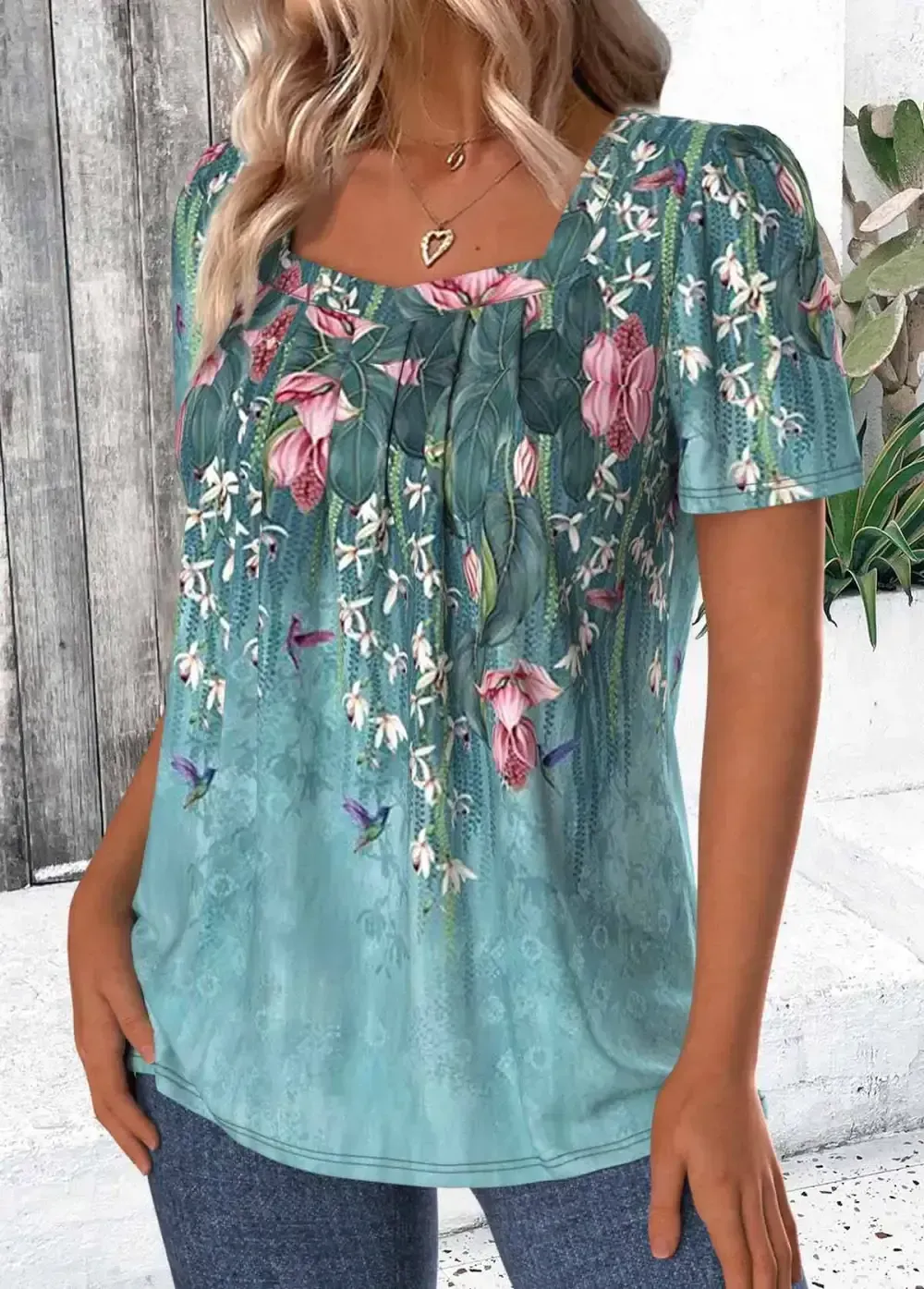 Green Floral Print Short Sleeve Square Neck T Shirt