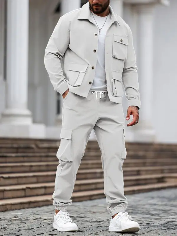 Men's Solid Color Pocket Button Front Jackets & Pants Two-Piece Set