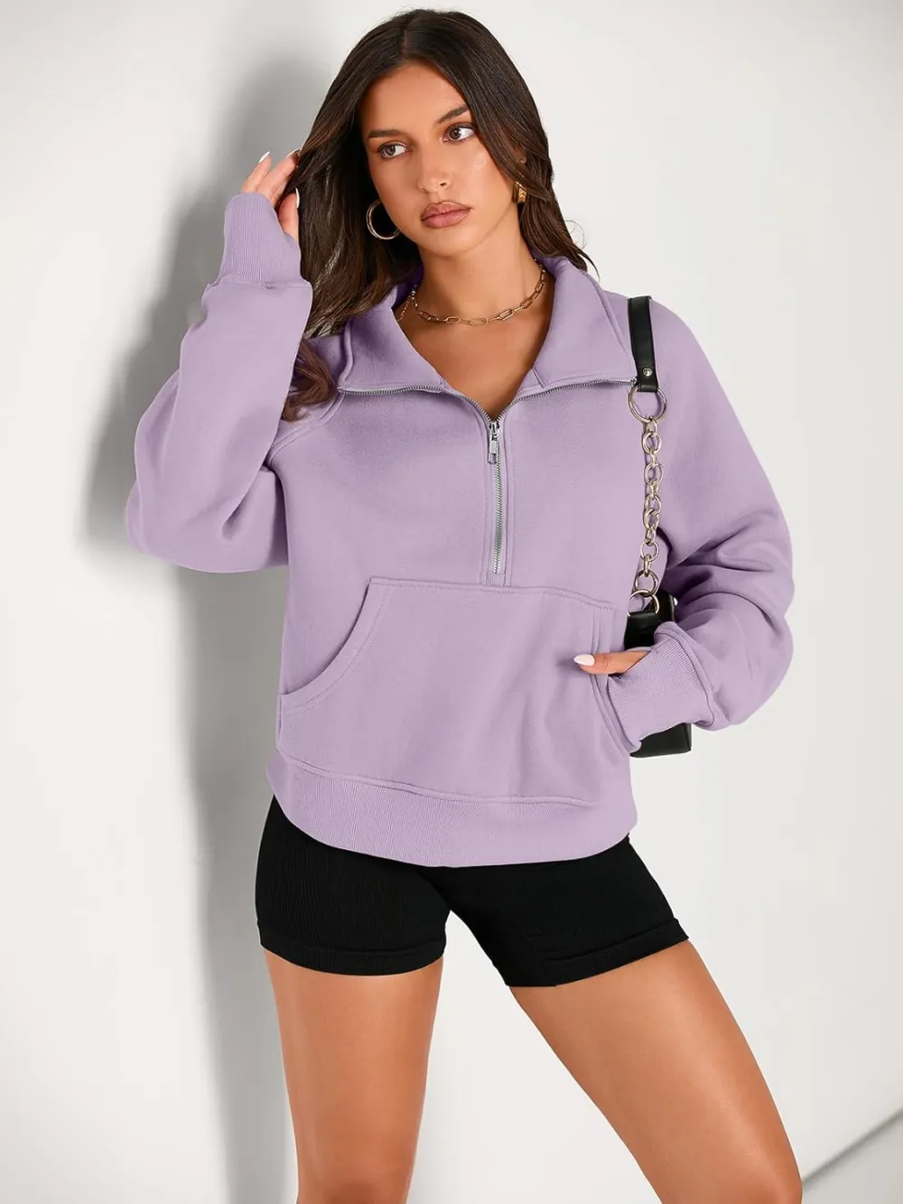Womens Sweatshirts Half Zip Cropped Pullover Fleece Quarter Zipper Hoodies Fall outfits Clothes Thumb Hole