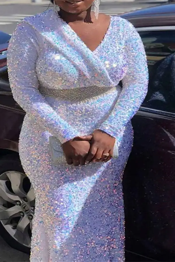 Sequined Sparkly Wrap V Neck Side Split Midi Dress