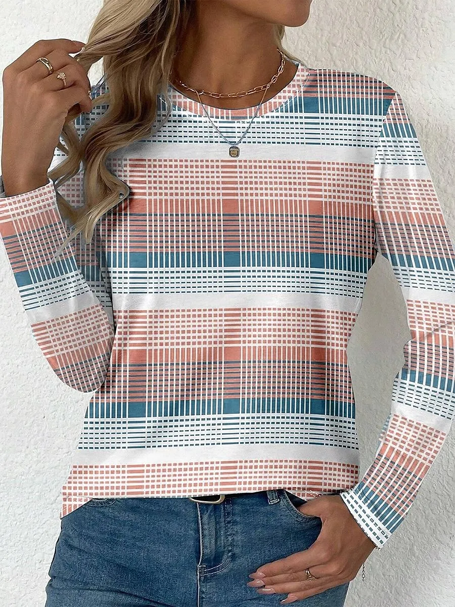 Easter Women's T shirt Long Sleeve Crew Neck Long Sleeve Tunic Graphic Plaid Stylish Modern Casual Regular Tops Daily Print Yellow Pink Blue Purple Green Fall Prefall