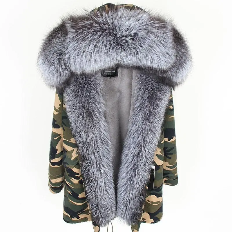 Women's Parka Natural Fox Fur Long Coat Artificial Fur Lining Fur