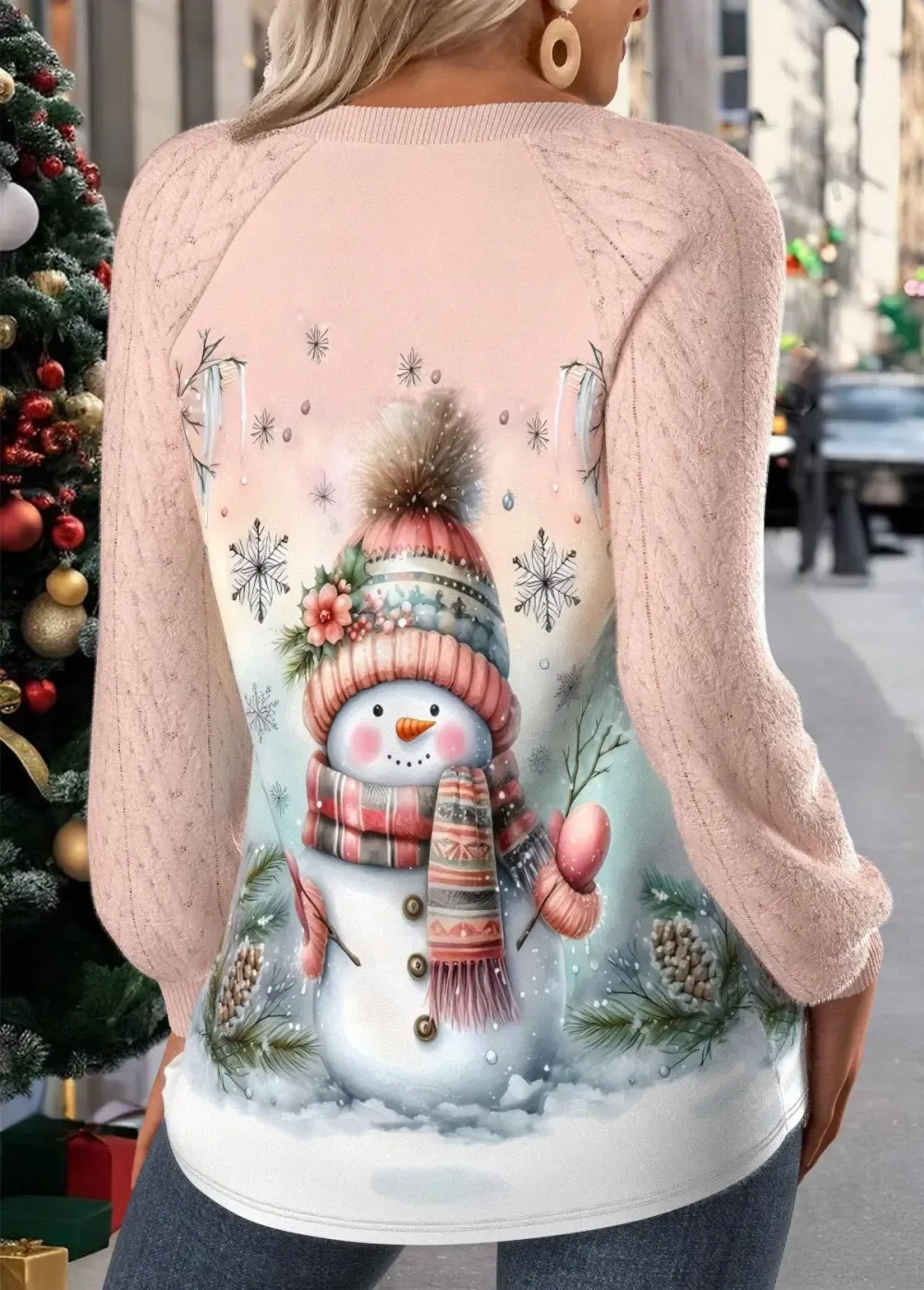 Christmas Light Pink Patchwork Snowman Print Long Sleeve Sweatshirt