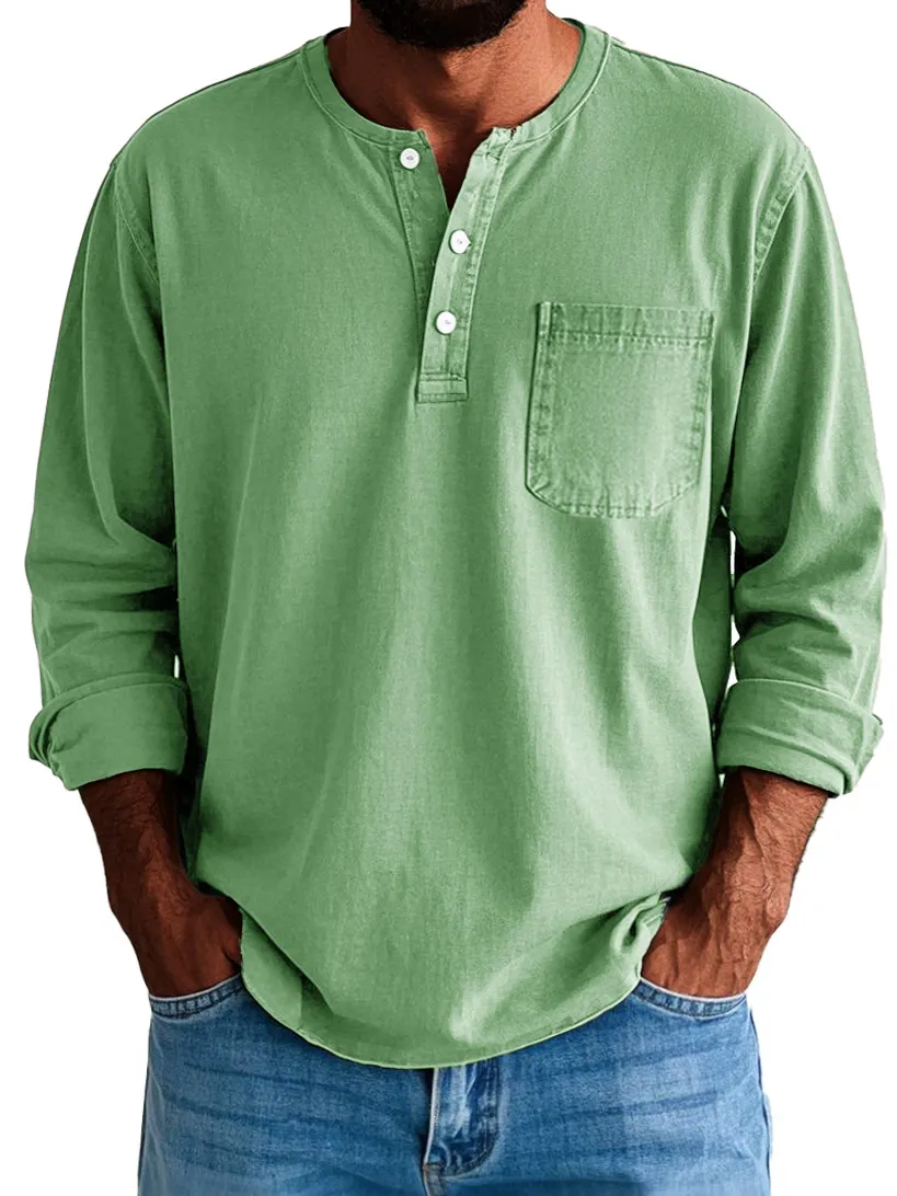 Men's Fashion Vintage Washed Cotton Long Sleeve Pocket Henley Shirt