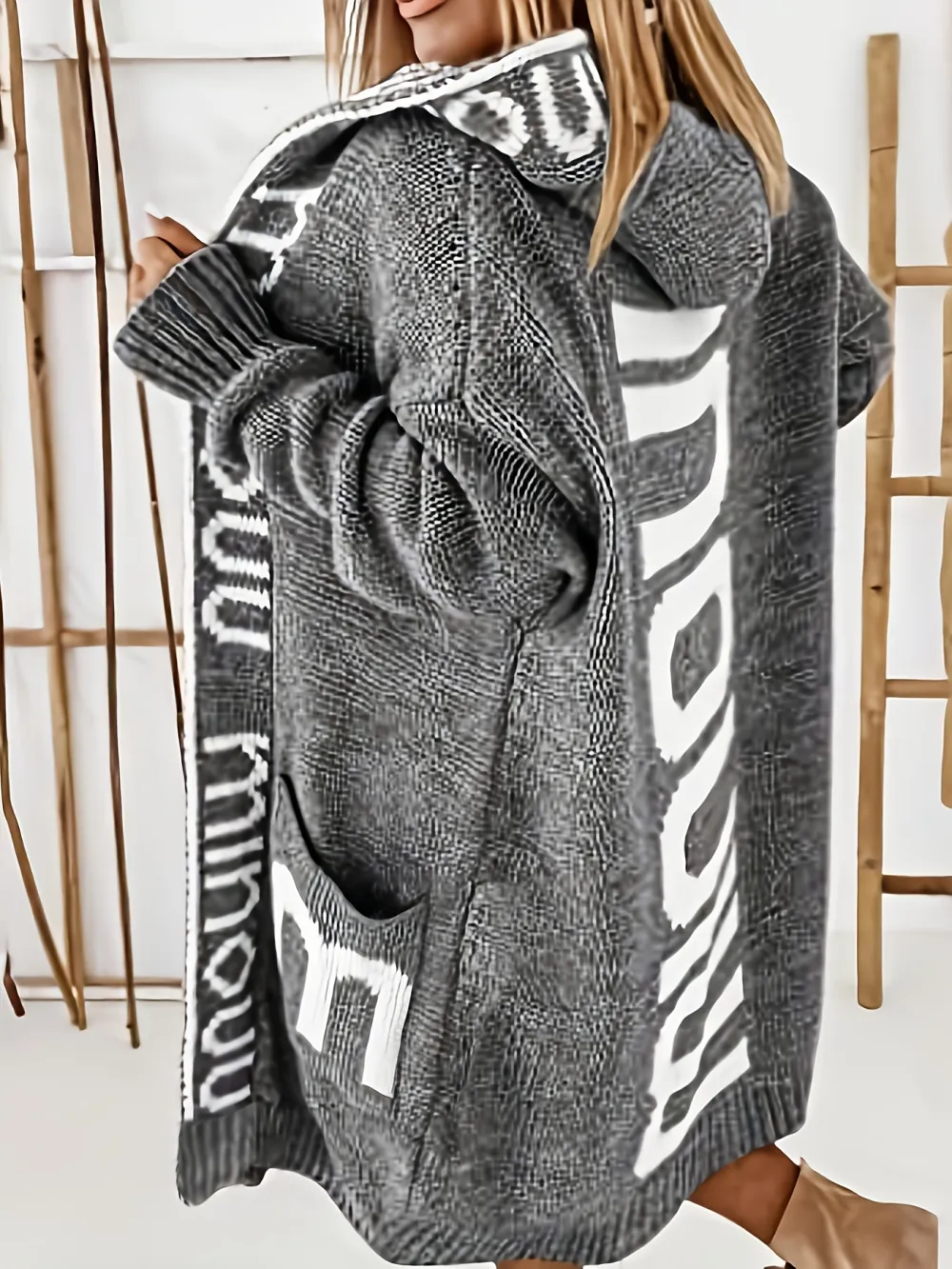 Chic Alphabet Hooded Cardigan - Durable, Cozy Knit Sweater with Pockets, Ideal for Fall/Winter, Casual Women's Wear