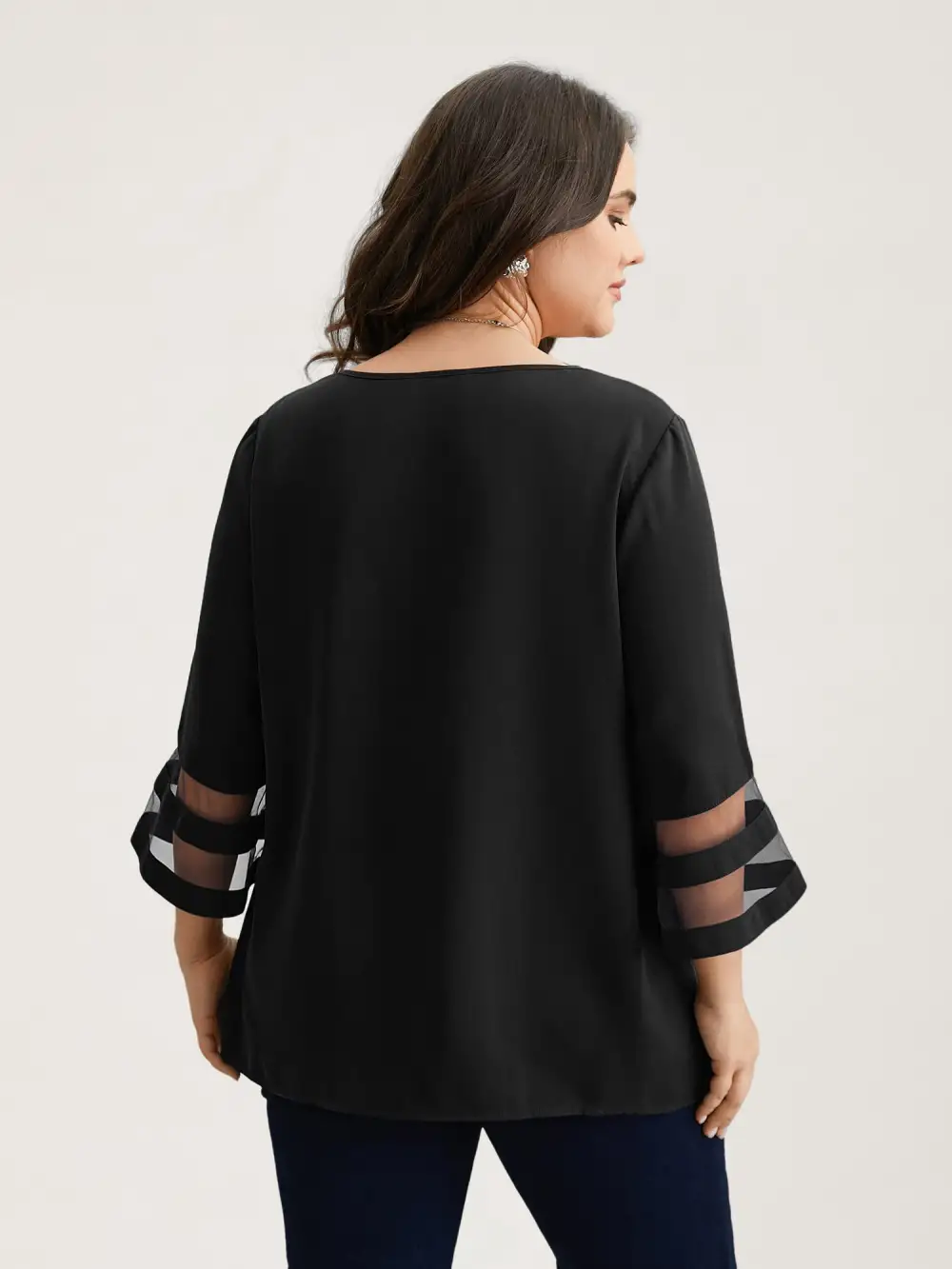 Sheer Sleeve Patchwork Asymmetrical Neckline Blouse