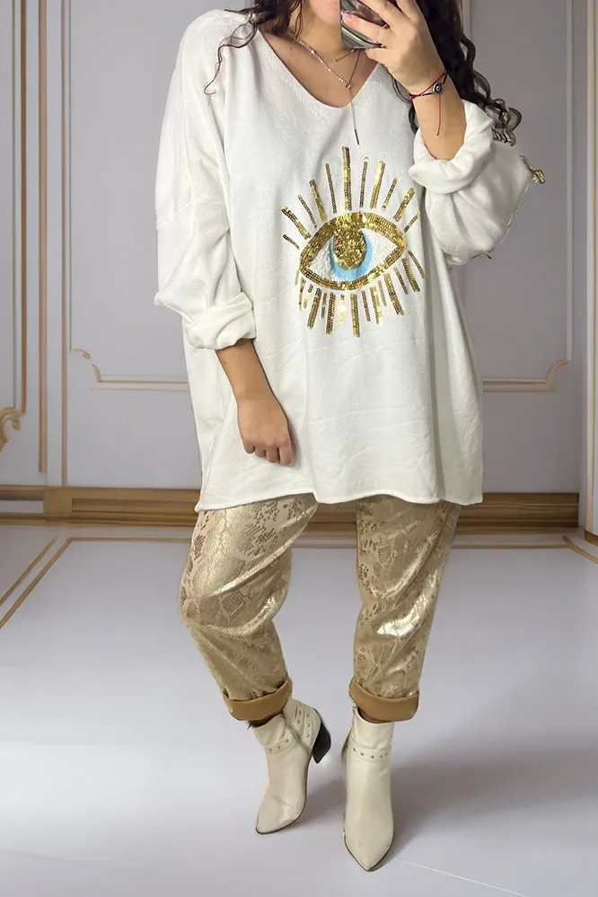Women's Eye Pattern Top and Pants 2-Piece Set