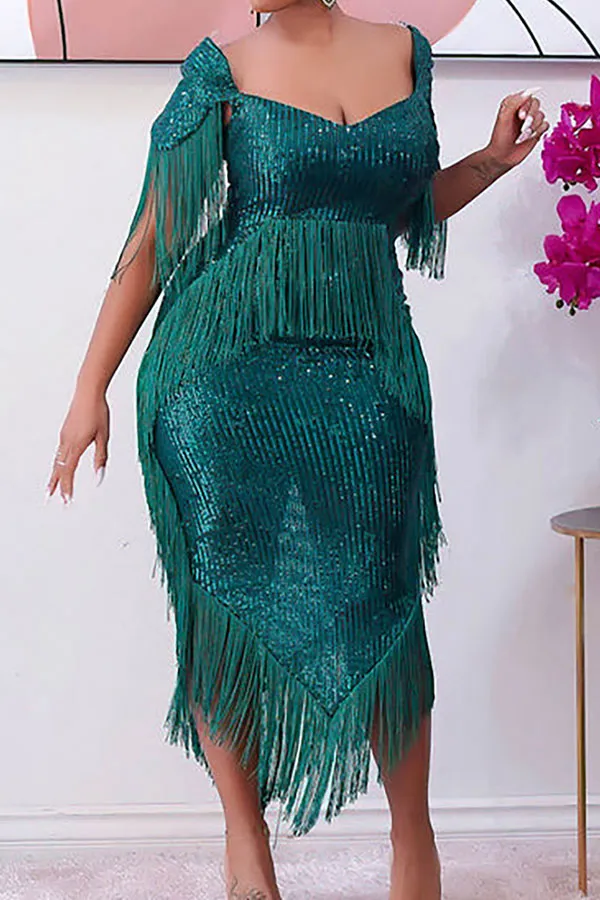 Sequined Luxe Tassel Irregular Midi Dress