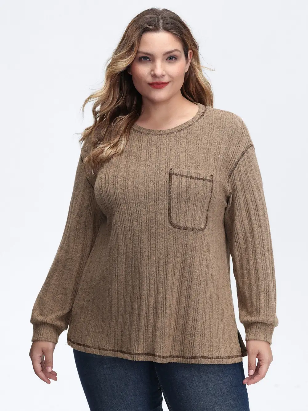 Textured Patch Pocket Round Neck Sweatshirt