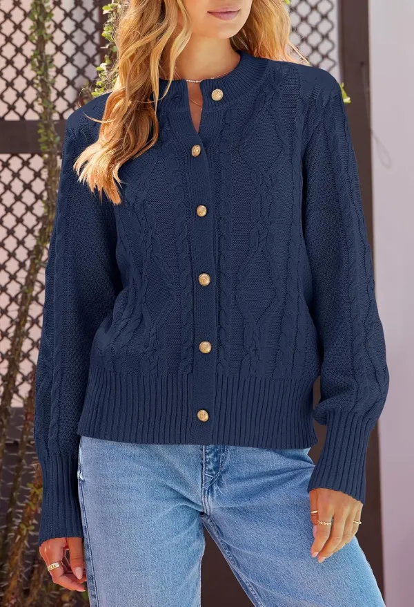 Women's 2024 Fall Long Sleeve Sweater Cardigan Cable Knit Open Front Button Outwear Coats