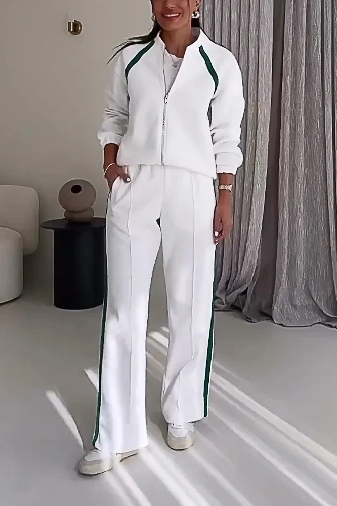 Women's contrast color zipper cardigan jacket & pants two-piece set